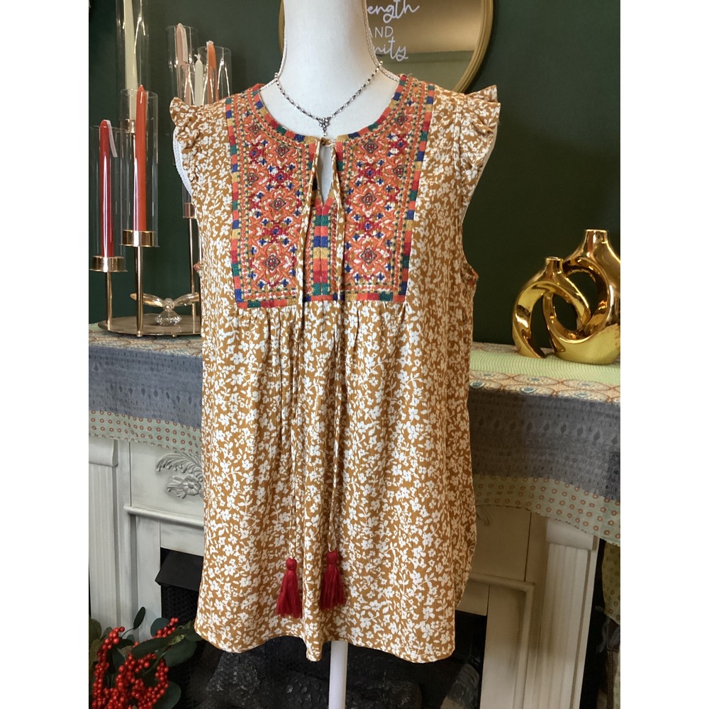 Savanna Jane Mustard Yellow Floral Embroidered Boho Tassel Top Medium 18324